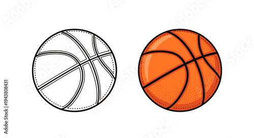 Two basketballs side by side one detailed colored one simple line art sketch