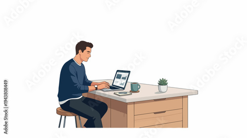 Man working on laptop at kitchen island with coffee and plant.