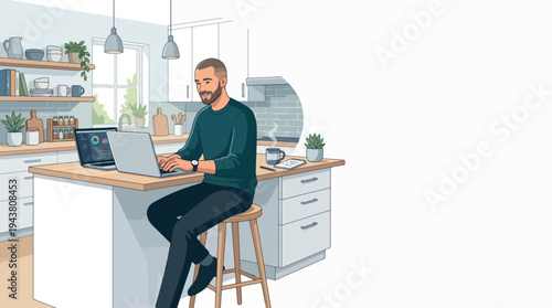 Man working on laptop at kitchen island with focus and concentration.