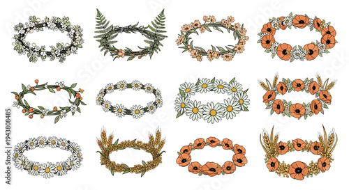 Collection of twelve decorative laurel wreaths and floral crowns in various styles