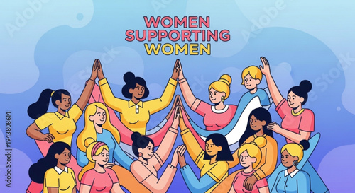Diverse women stacking hands in solidarity and support forming a human tower with colorful outfits and smiling faces against a blue background with clouds