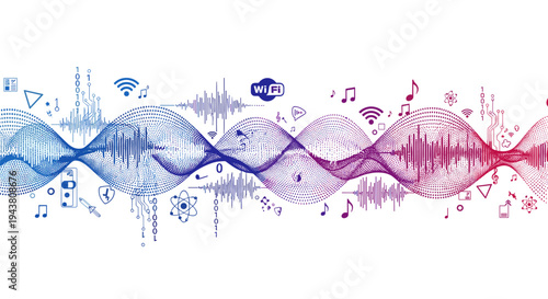 Vibrant sound wave visualization with wifi symbols and musical notes digital art