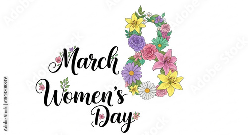 March women's day floral typography design with colorful flowers