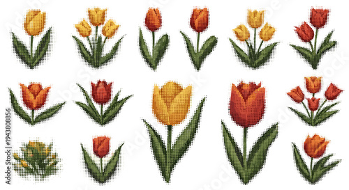 Collection of vibrant tulip illustrations with green stems and leaves on white