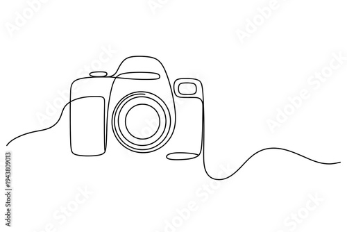 Minimalist line drawing depicts a vintage style camera on a white background