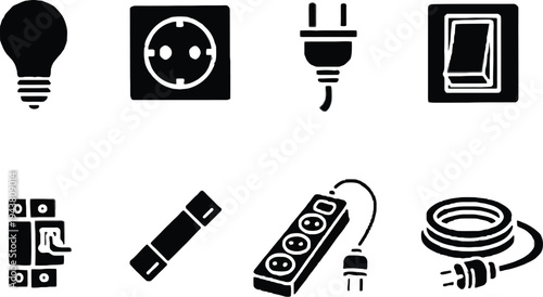 Electrical plug icon set including light bulb and power strip