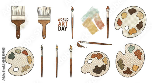 Artistic tools collection brushes palettes and paints for creative expression