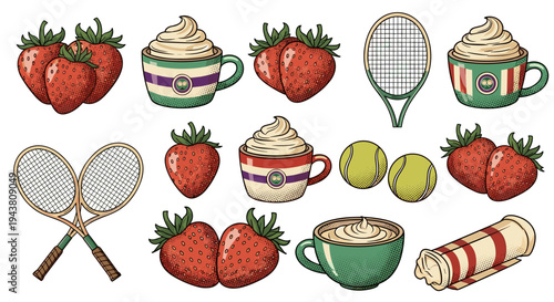 Wimbledon tennis theme with strawberries cream and tennis racquets illustrated