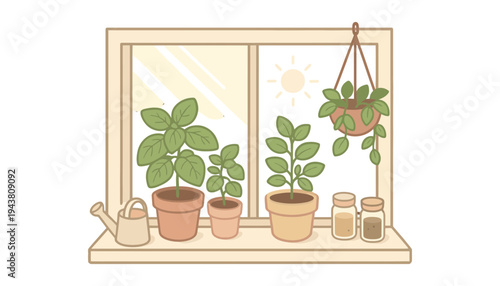 Plant flower icon illustration with potted plants on a window sill