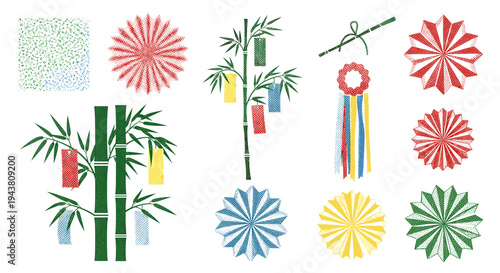 Traditional japanese tanabata festival decorations with bamboo colorful paper