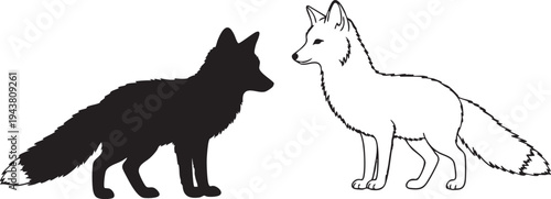 Silhouette and line of two foxes facing each other silhouettes line black and white animals