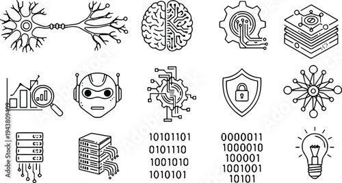 Artificial intelligence and technology line icon collection, AI brain, neural network, robotics, cybersecurity, data analytics and server symbols vector illustration set
