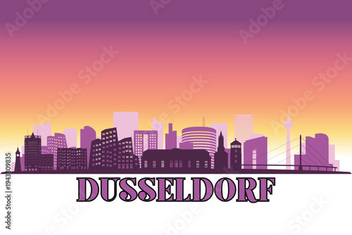 Global city Dusseldorf shown in a detailed vector skyline with a twilight sky