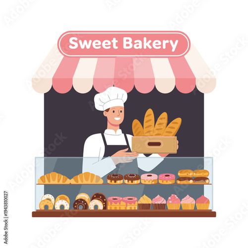 Baker holding box of bread at sweet bakery
