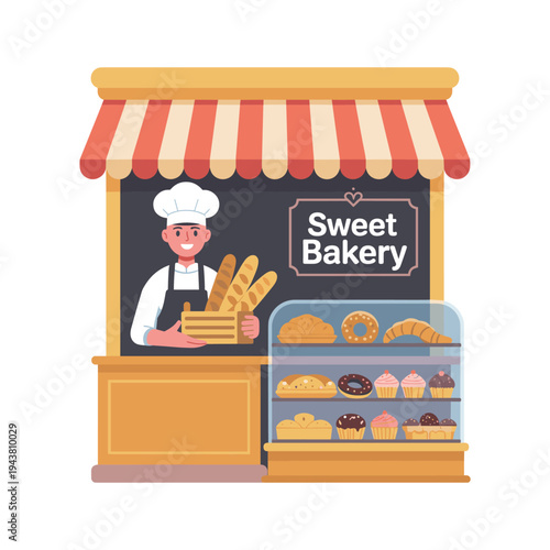 Baker with bread at cute sweet bakery