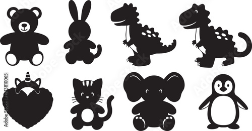 Silhouette of eight stuffed animals and fantasy creatures black silhouettes teddy bear rabbit
