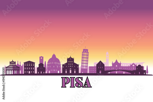 Global city Pisa shown in a detailed vector skyline with a twilight sky