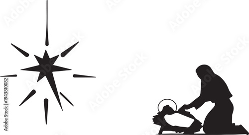 Silhouette of a woman kneeling before a manger with a star in the background