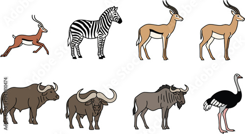 A set of animal icons featuring various African wildlife species illustrations