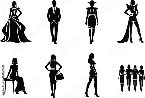 Fashion silhouette vector icons of men and women in formal wear
