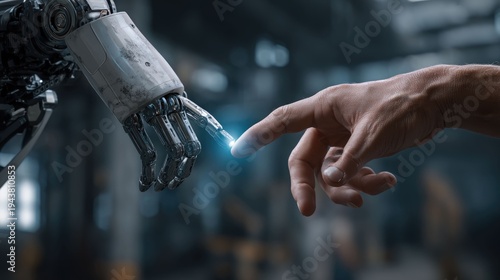 Human and robot interaction in a technological workshop close-up perspective futuristic concept