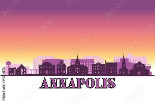 Global city Annapolis shown in a detailed vector skyline with a twilight sky