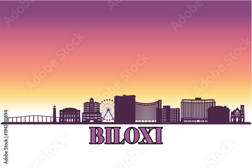 Global city Biloxi shown in a detailed vector skyline with a twilight sky