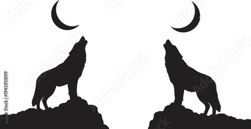 Silhouette of two wolves howling at crescent moons on rocky outcrops wolf