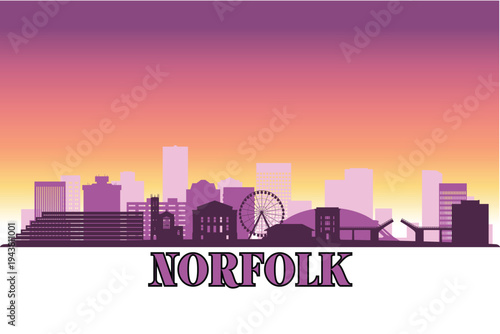 Global city Norfolk shown in a detailed vector skyline with a twilight sky