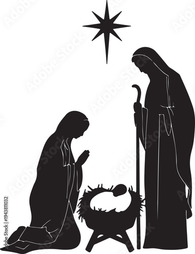 Silhouette of nativity scene with mary joseph and baby jesus
