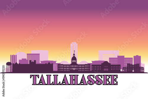Global city Tallahassee shown in a detailed vector skyline with a twilight sky