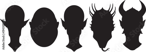 Silhouettes of six alien and monster heads with horns and pointed ears on white background