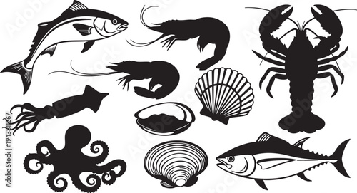 Silhouettes of nine sea creatures and shells on white background fish lobster shrimp