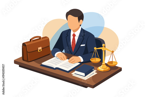 Lawyer working at desk with briefcase and scales of justice.