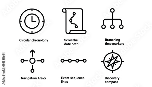 Time management icons set including circular chronology and branching time markers