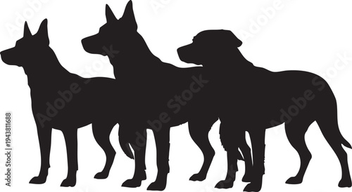Silhouettes of three dogs standing side by side dog silhouettes black silhouettes white background