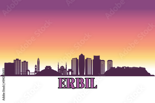 Global city Erbil shown in a detailed vector skyline with a twilight sky