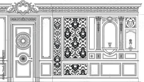 Ornate baroque interior wall panel and door elevation with classical moldings, decorative patterns, and luxury architectural line art illustration