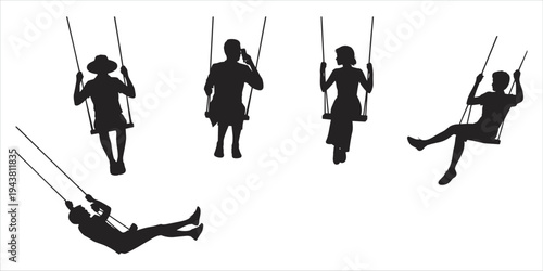 Silhouettes of people swinging on swings against a white background child