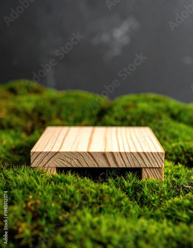 Wooden platform in vibrant green moss against a textured dark background
