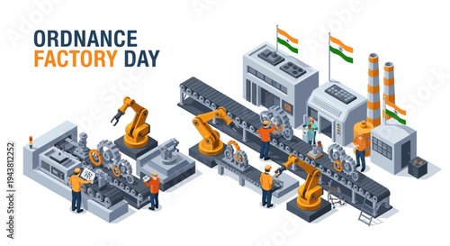 Isometric illustration of a military equipment production facility in India on Ordnance Factory Day with robotic arms and workers.