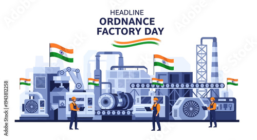 Illustration of workers in an Indian ordnance factory on Ordnance Factory Day, with machinery and Indian flags, in a vector style design.