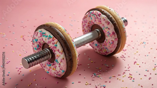 Dumbbell made of donuts with sprinkles on a pink background food fitness
