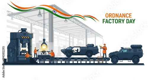 Illustration of Indian ordnance factory day 2026 with workers and military equipment production in a defense manufacturing factory for India defense industry on Ordnance Factory Day