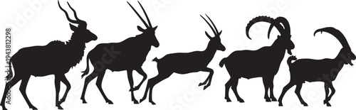 Silhouettes of various antelopes walking in profile black white background