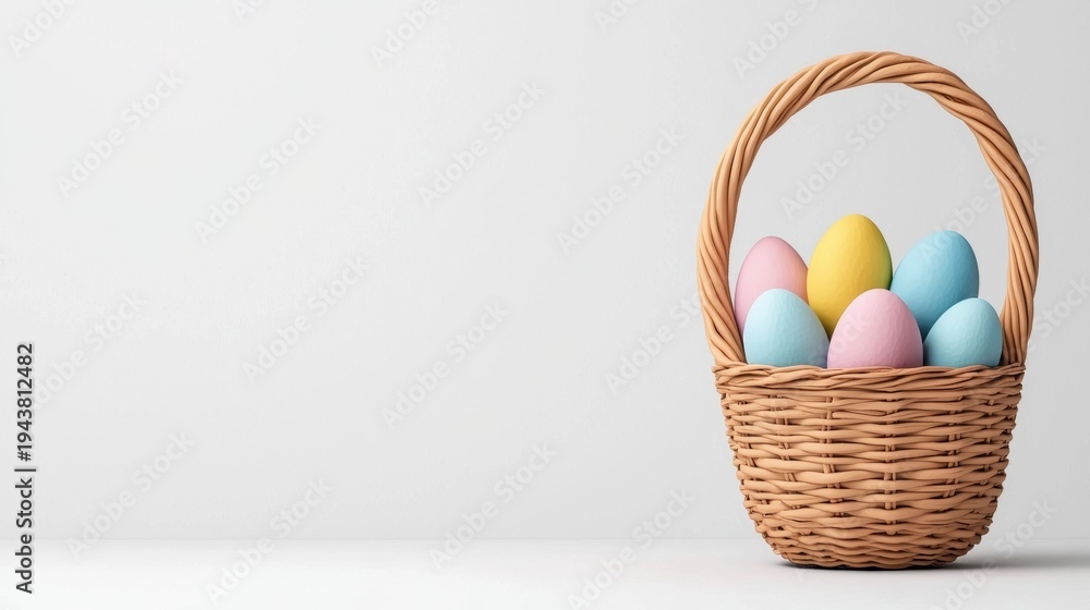 Fototapeta premium A woven basket holds pastel-colored eggs, symbolizing Easter and spring, set against a clean, minimalistic background.