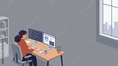 Person working diligently at a dualmonitor computer setup.