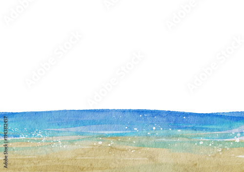 Canvas Print Watercolor blue ocean and sandy beach border, hand-painted summer landscape-300d