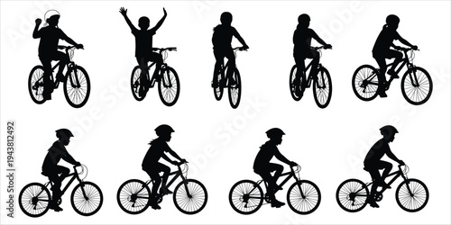 Silhouette Collection Of People Riding Bicycles In Various Poses On White Background biking cycling