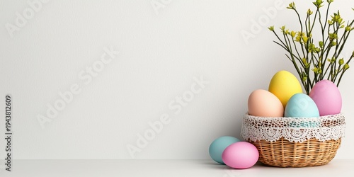 A pastel-themed Easter basket filled with colorful eggs and decorative branches against a plain background.